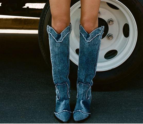 Handcrafted Distressed Denim Knee-High Boots - Country in My Heart