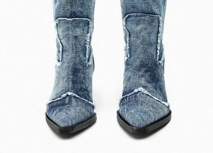 Handcrafted Distressed Denim Knee-High Boots - Country in My Heart