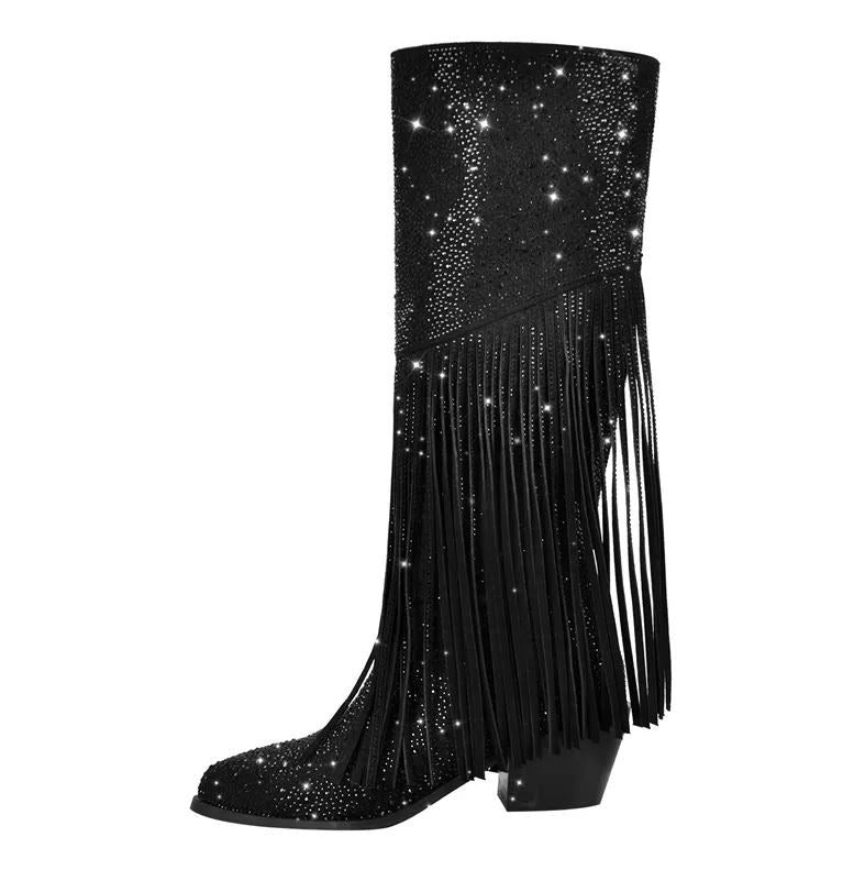 Starry Nights Knee-High Fringe Boots – Rhinestone Embellished Suede Cowgirl Boots