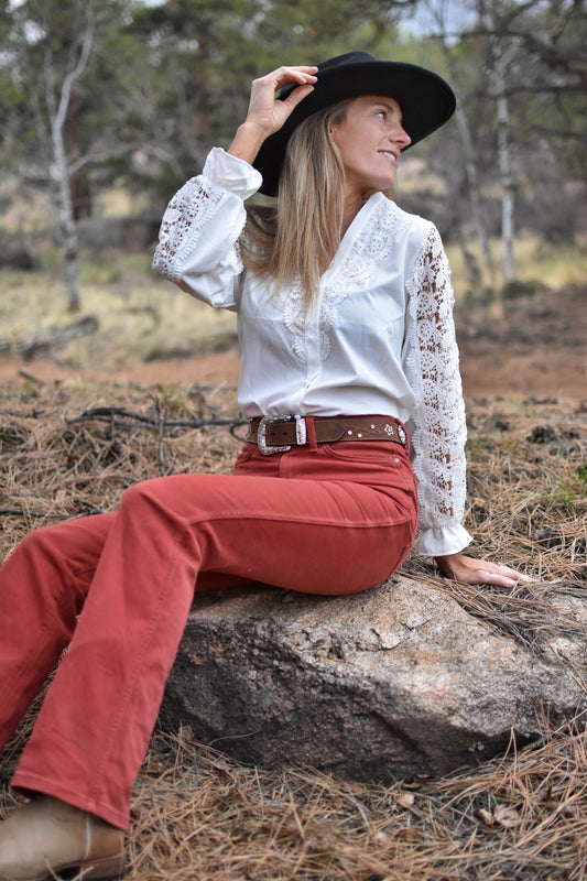 Stylish White Lace Long Sleeved Cut Out Shirt