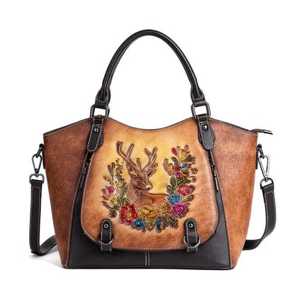 Vintage Deerskin Leather Handbag with Deer and Flower Artwork - Country in My Heart