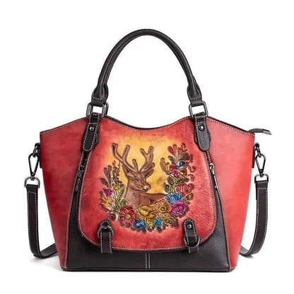 Vintage Deerskin Leather Handbag with Deer and Flower Artwork - Country in My Heart