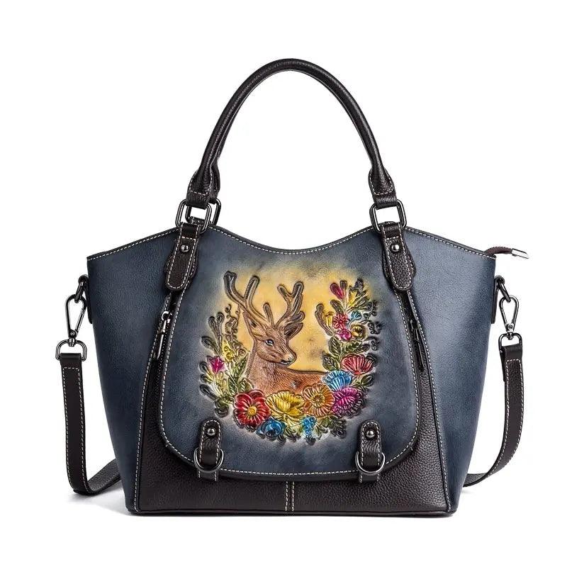 Vintage Deerskin Leather Handbag with Deer and Flower Artwork - Country in My Heart