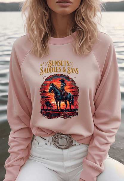 Sunsets Saddles and Sass Softstyle Fleece Crewneck Sweatshirt - Country in My Heart