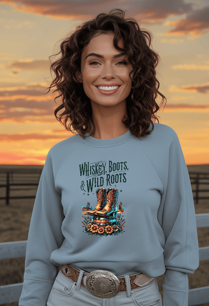 Whiskey Boots and Wild Roots Fleece Crewneck Sweatshirt - Country in My Heart
