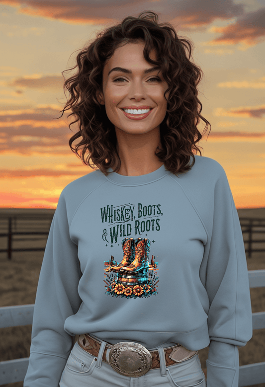 Whiskey Boots and Wild Roots Fleece Crewneck Sweatshirt - Country in My Heart