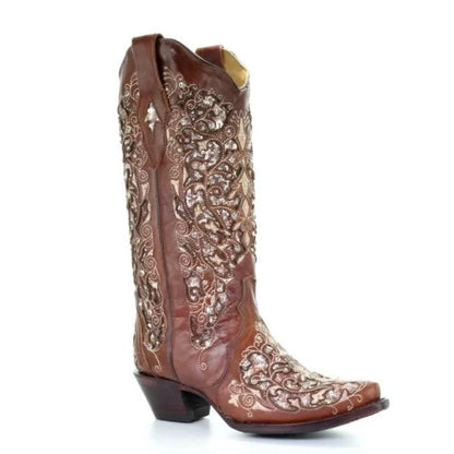 Rhinestone Hollow Out Flower Cowgirl Boots – Sexy High Heel Western Style